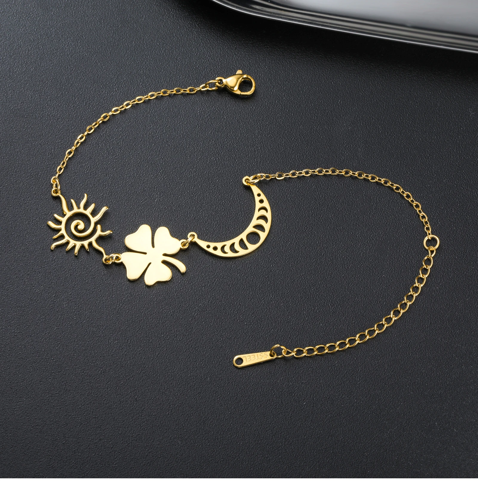 CoolTime Zierliches Sonne & Mond Vierblättriges Kleeblatt Damenarmband aus Edelstahl Glücksbringer Täglicher Schmuck für Frauen Geschenk – Detail 6