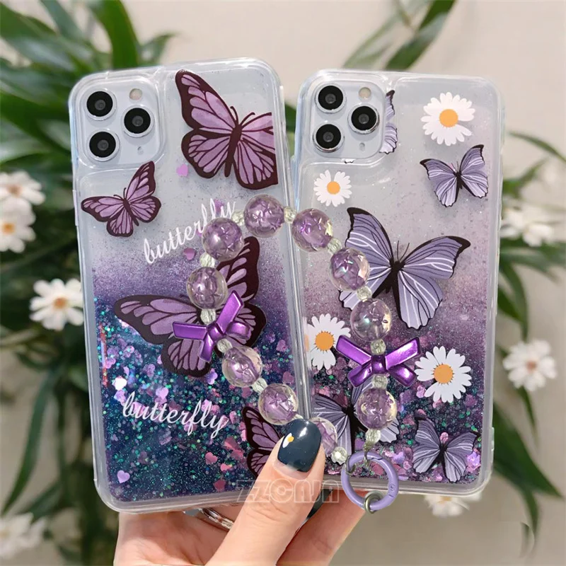 Purple Chain For Samsung Galaxy A06 A16 A36 A56 A05s A15 A25 A35 A55 A14 A24 Case Butterfly Shiny Liquid Quicksand Glitter Cover