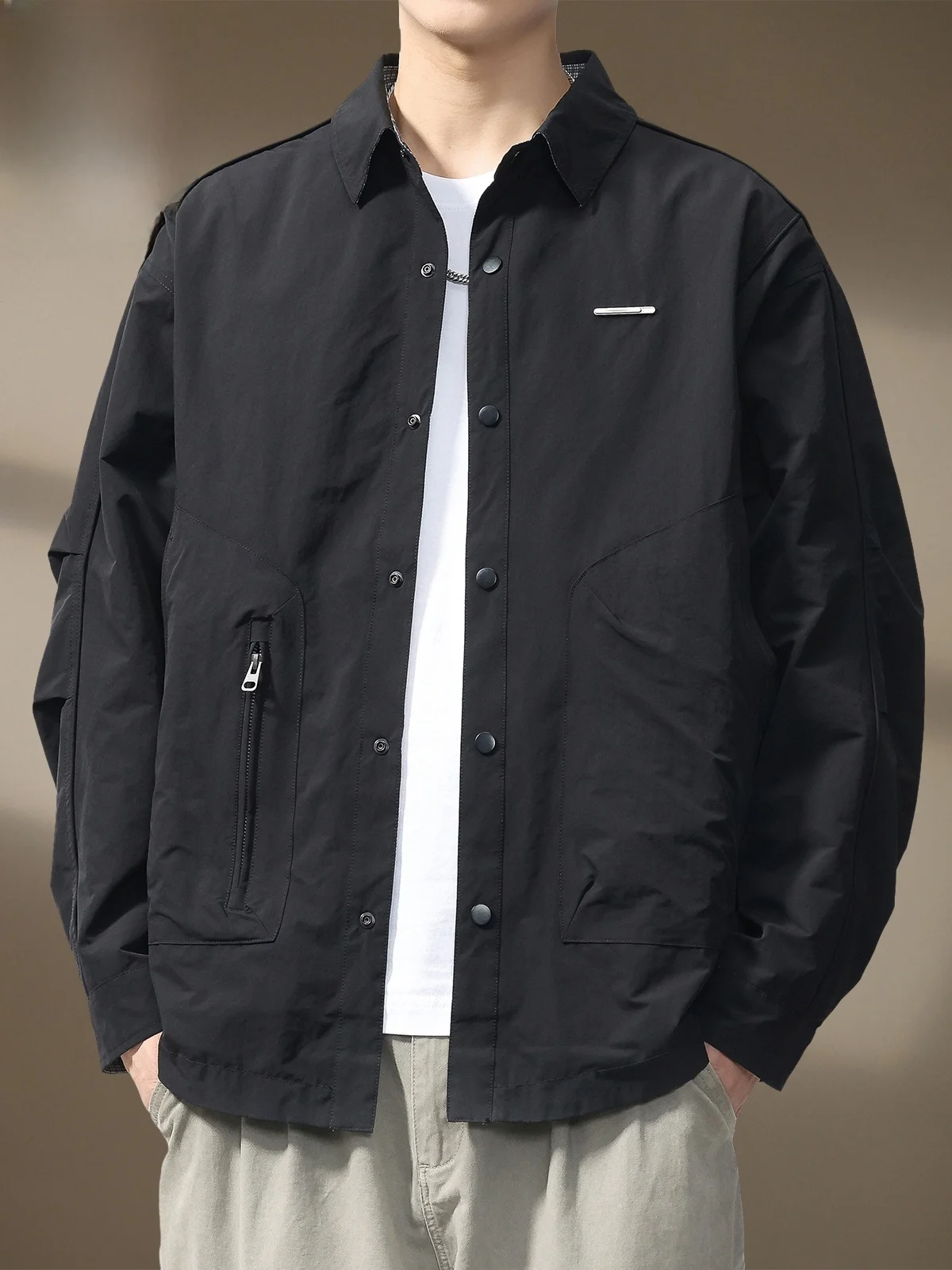 

Двусторонняя куртка для мужчин: повседневная рабочая одежда, модная осенняя модель с отложным воротником, из полиэфирного волокна, с длинными рукавами