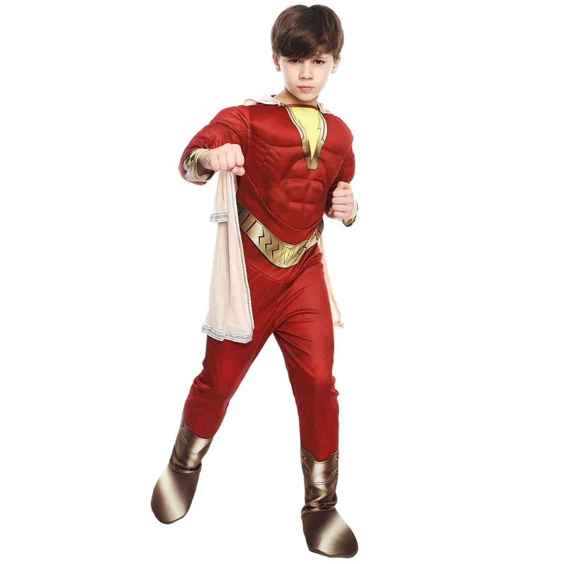

Child Justice Superhero Muscle Jumpsuit Costume Halloween Purim Kid Boy Cosplay Shazan League Superhero Fancy Dress