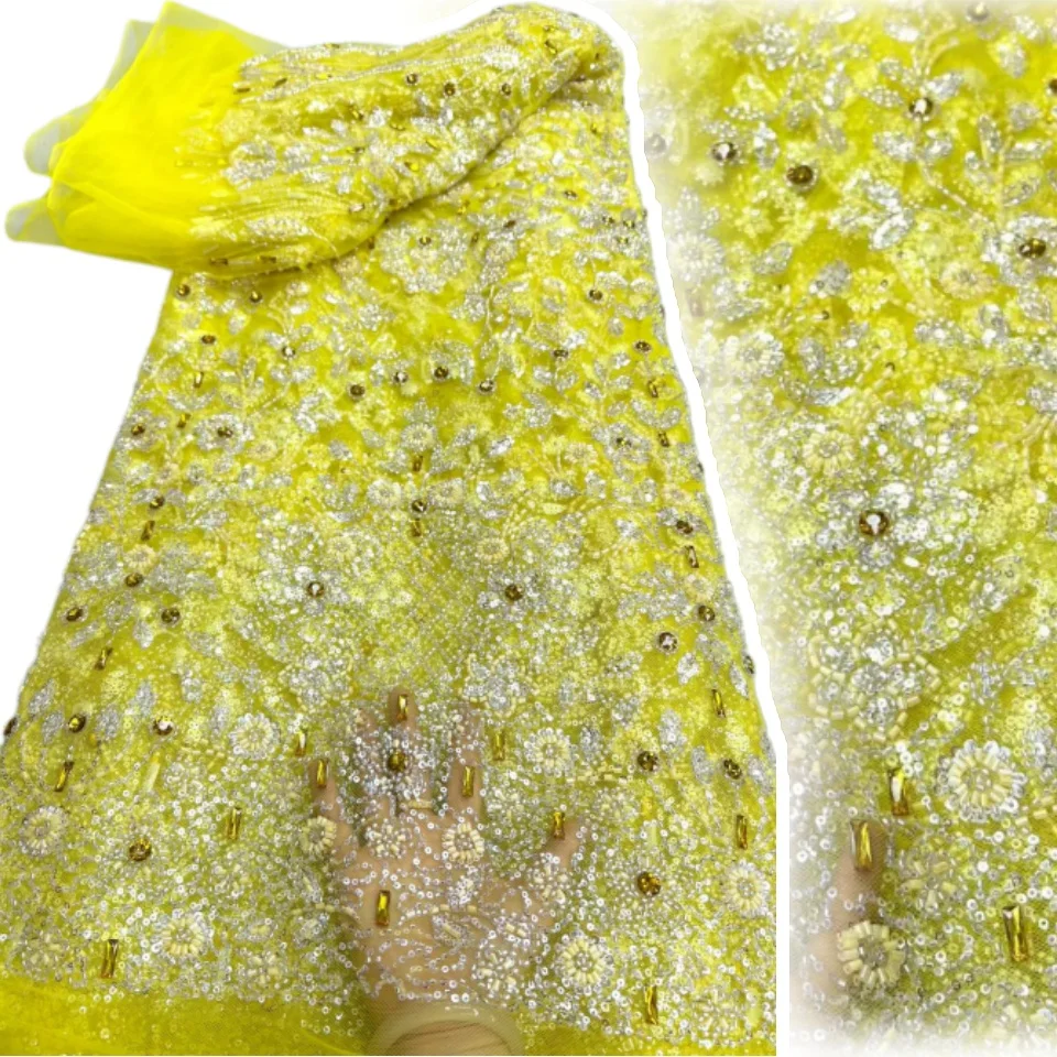2026 African Lace Fabric 5 Yards Dubai Fabrics Crystal Beaded Fabrics Rhinestone Fabricfor Women's Evening Party Dresses 3567