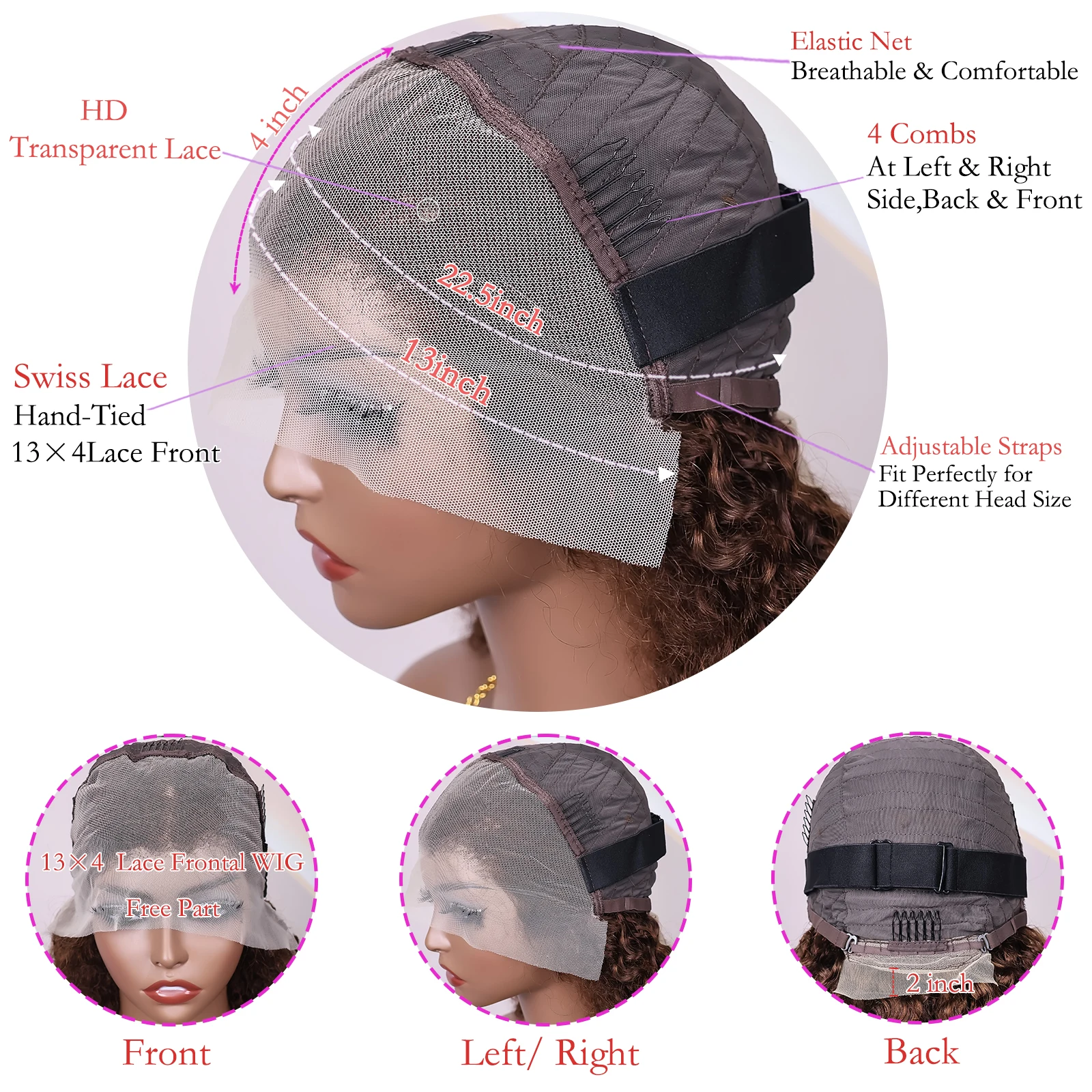 # 4 Шоколадно-коричневых парика Боб из человеческих волос Глубокая волна 13x4 Hd Парик фронтальной части шнурка Предварительно выщипанные волнистые вьющиеся коричневые волосы Боб парик для женщин