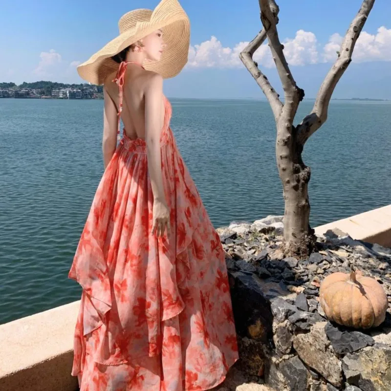 Falda grande de estilo bohemio, vestido de vacaciones junto al mar con estampado de flores, vestido con cuello en V para mujer, vestido largo de playa de verano 2025