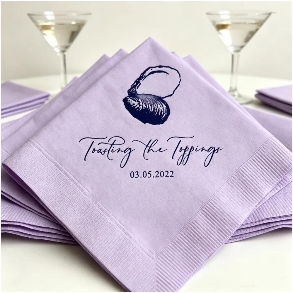 

50pcs Custom Oyster Themed Napkins, "Toasting the Toppings" Printed Disposable Cocktail Napkins with Personalized Date, Multi-Co
