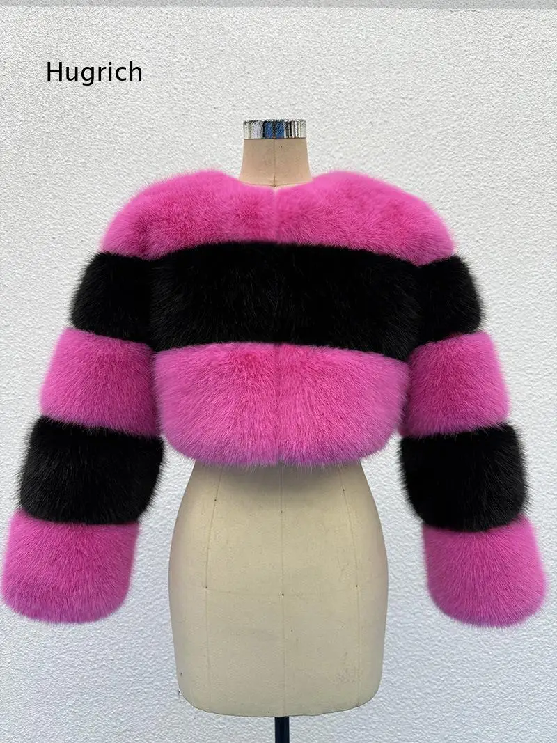Women Color Block Faux Fur Jacket Cropped European Style Spliced Faux Fox Fur Outerwear For Autumn And Winter Fashion Matching
