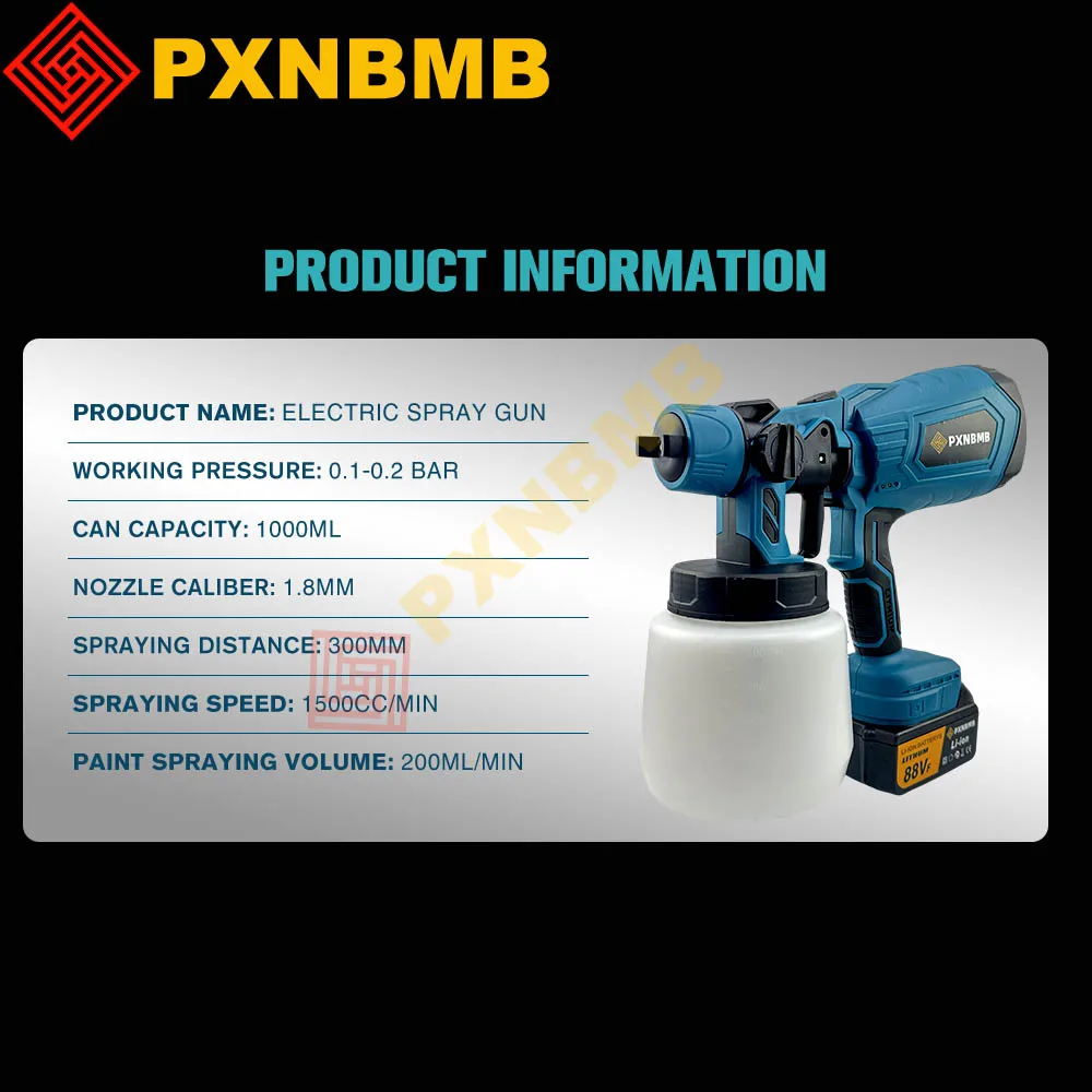 Pistol Semprot Listrik Tanpa Kabel 1000ML untuk Cat Mobil, Furnitur, Pelapis Baja, Airbrush, Kompatibel dengan Baterai 18V 210W 3800