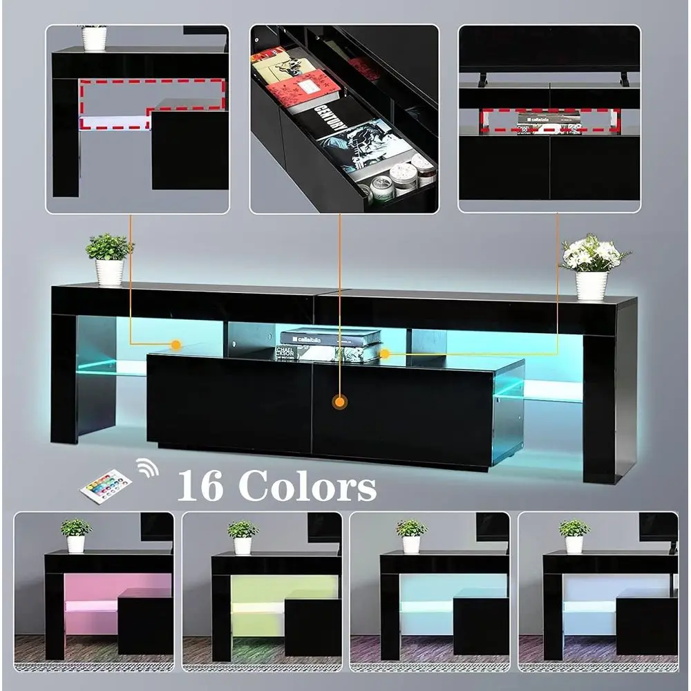 Black TV Stand, 60 65 70 75 inch Wood TV Stand, High Glossy Entertainment Center with Large Ders＆Glass Display Shel, LED ern Med view 4