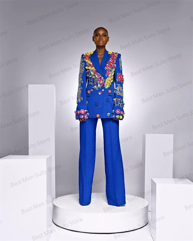 Traje de cuentas azules para mujer, conjunto de 2 piezas con apliques de flores en 3D, chaqueta de oficina para mujer, vestido de graduación, esmoquin de boda, chaqueta hecha a medida