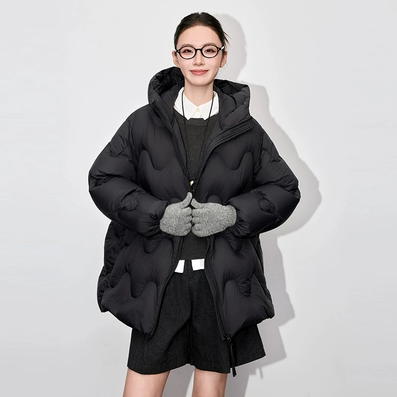 Black 90%White duck down Jacket 2025 Autumn Winter New High end Hooded Loose Puff down Coats Female Thick Warm Parka Overcoat