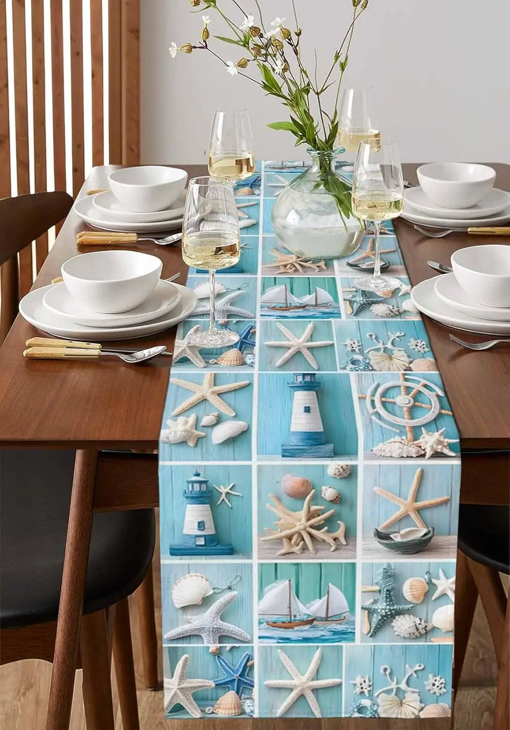 Beach Blue Wood Grain Starfish Table Runner Dresser Scarves Table Decor Washable Kitchen Dining Table Runner Holiday Party Decor