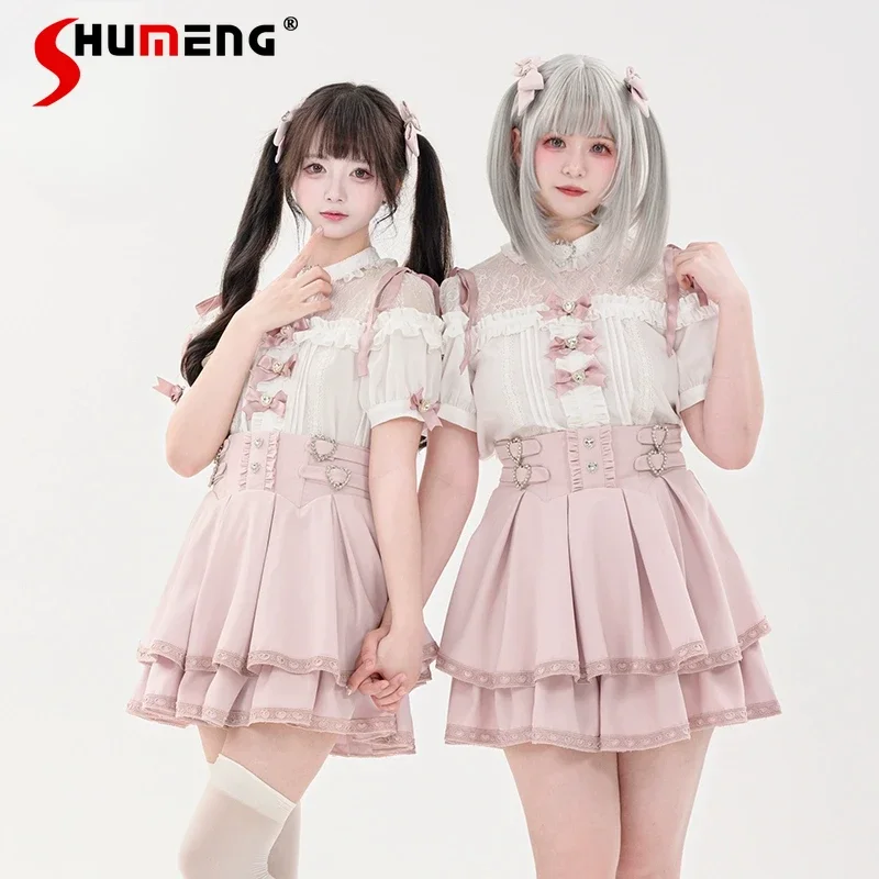 

Original Lolita Outfits for Women Japanese Mine Series Mass-produced Cute Bow Lace Stitching Short-sleeved Shirt and Skirt Set