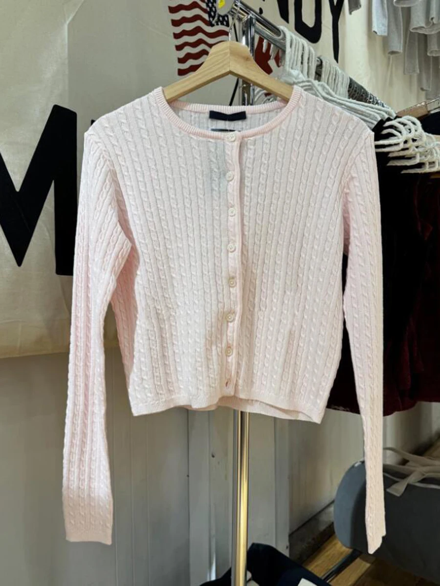 المرأة تويست زهرة الوردي ضئيلة سترة قصيرة الخريف جديد طاقم الرقبة واحدة الصدر تريكو الحلو شيك متماسكة سترة طويلة الأكمام #2