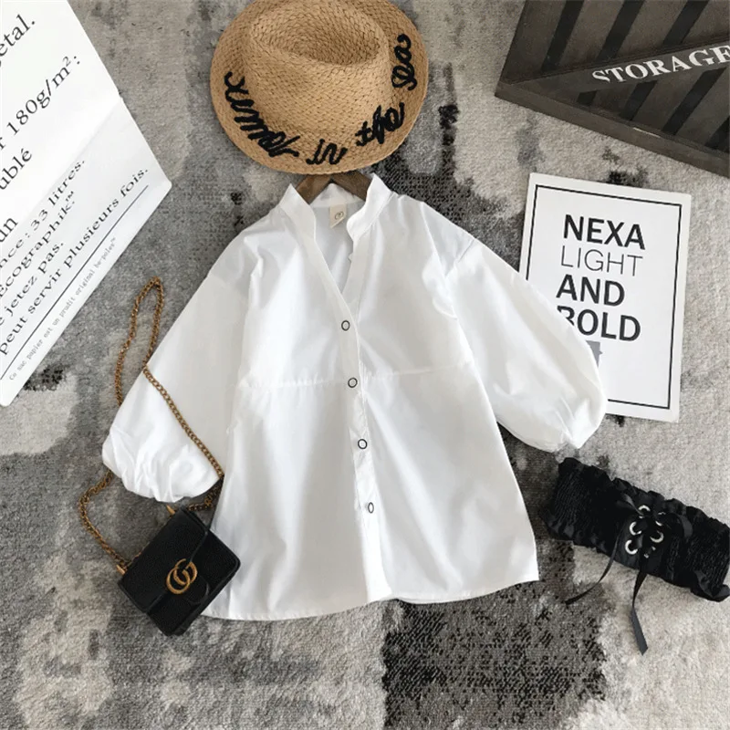 Girl Shirts Spring Autumn Kids Clothes Girls Sashes White Shirt Long Loose Shirt Cotton Top  for Toddler 2 3 4 5 6 7 8 9 Years