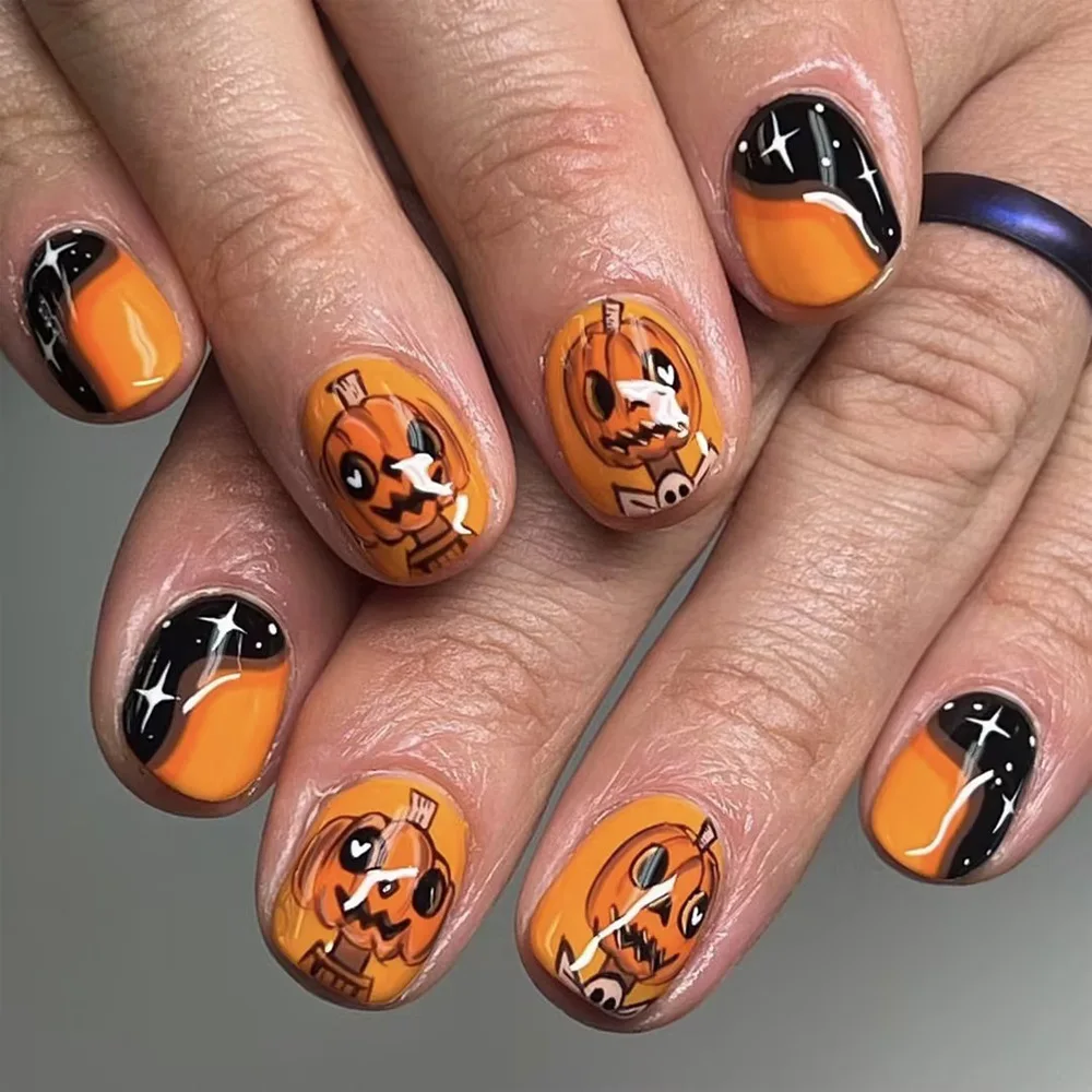 Ensemble de Faux Ongles Courts et Réutilisables, 24 Pièces/Boîte, Paillettes, Étoile, Citrouille, Halloween