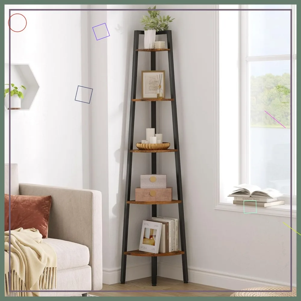 

5-ярусная угловая книжная полка в деревенском стиле, промышленная полка-лестница для гостиной, кухни, офиса, балкона - металлический каркас коричневого цвета