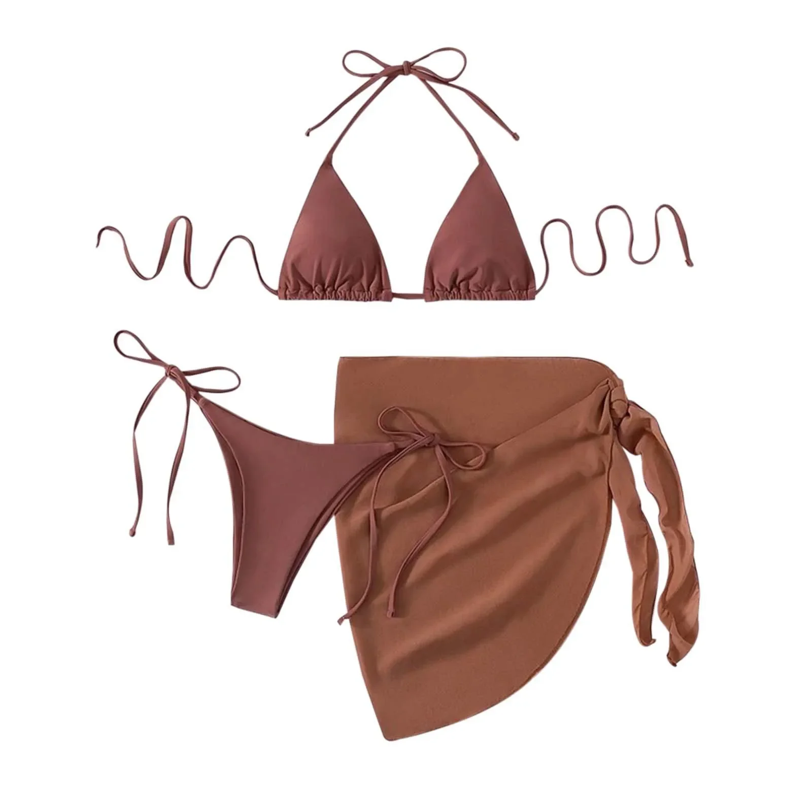여성용 3피스 수영복 세트, 솔리드 컬러 트라이앵글 컵 타이업 섹시 비키니 탑과 스커트 바텀 수영복, 컷아웃 비키니