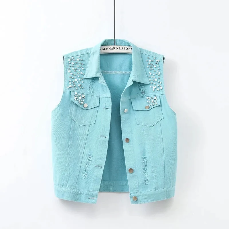 Colorful Denim Jacket Waistcoat Women\'s Spring Summer New Slim Hole Beaded Sleeveless Coat Female Short Casual Vest Outwear Tops