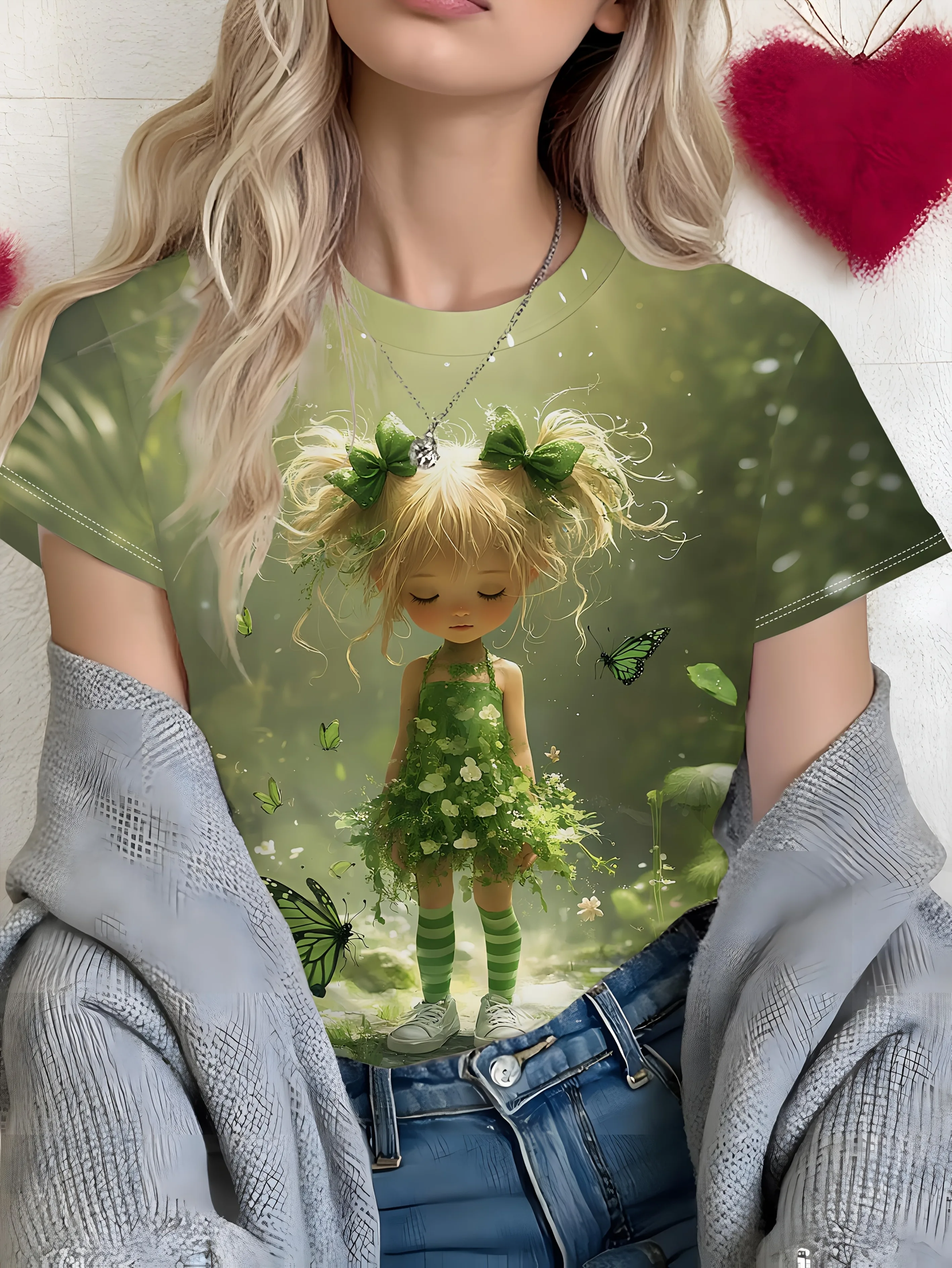 Women Green Elf Print Short Sleeve T-shirt Butterfly Surrounding Flowers and Grass Skirt Pattern Romantic Item for Spring Travel
