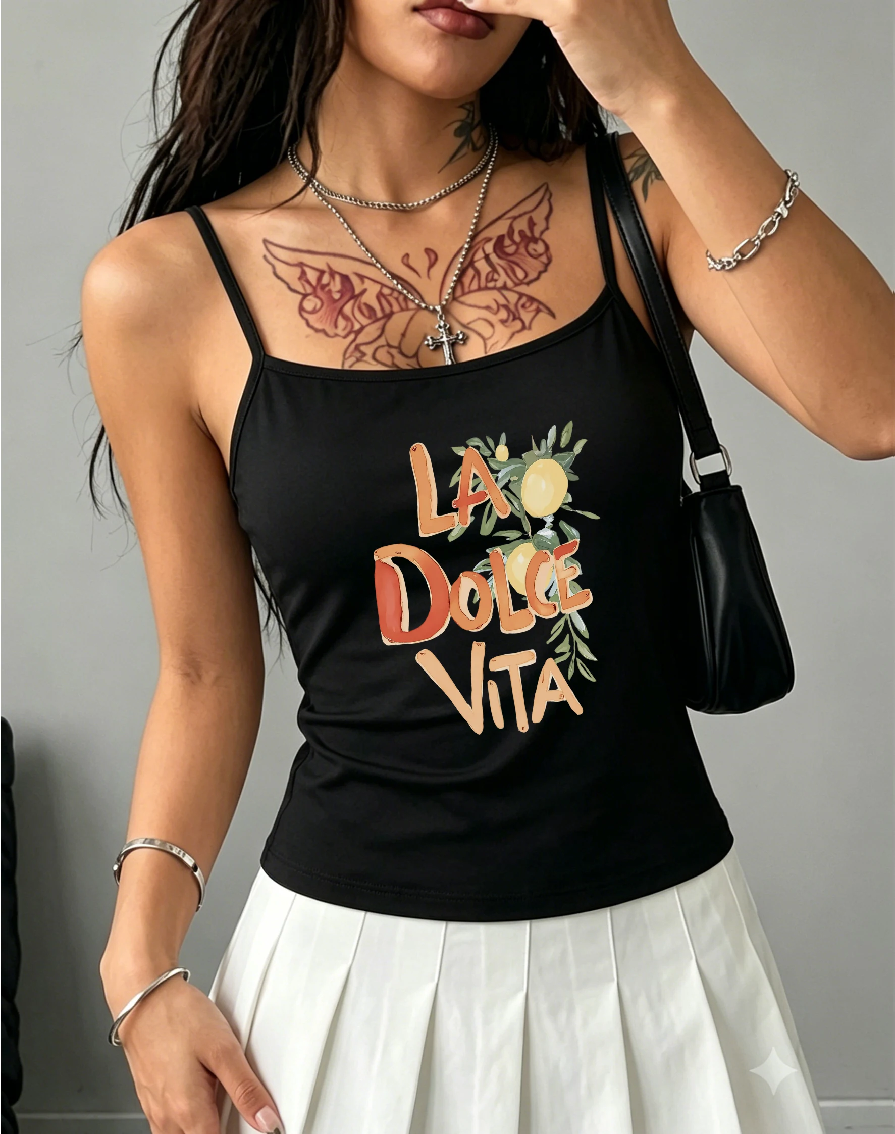 Euro Summer Graphic Camisole Women’s Summer Sleeveless Spaghetti Strap Vest Top with Italian La Dolce Vita Slogan Art