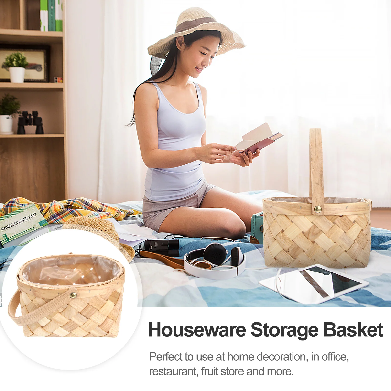 

Wooden Storage Basket Handmade Bamboo Woven Organizer For Home Office Fruit Store Rattan Container With Handle