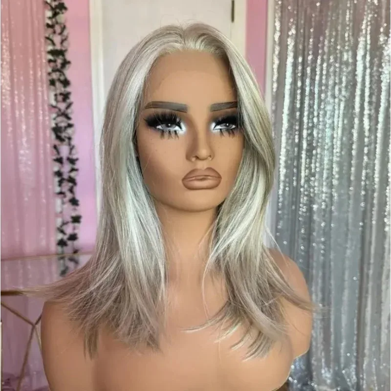 Ombre Platinum Blonde Ash Roots 13x4 HD Free Part Short Bob Straight Synthetic And Blend Lace Wigs Heat Resistant Fiber Hair