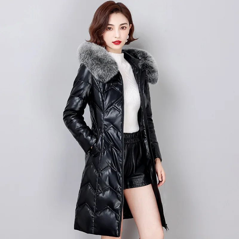 Winter Women Jacket Mid-length Genuine Leather Jackets Woman Clothing Fox Fur Collar Korean 90% White Duck Down Coat Thickened