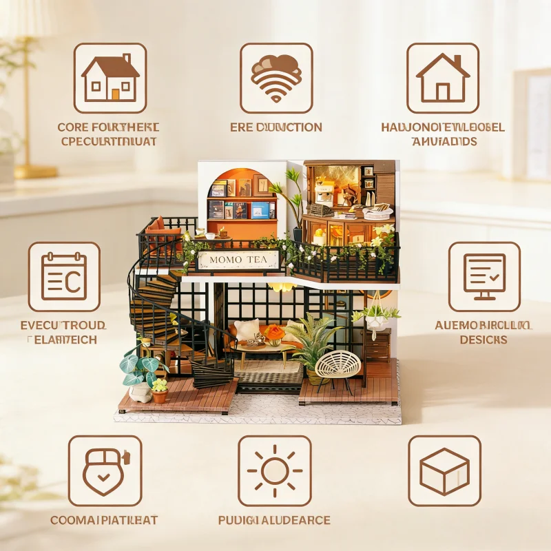 

OUZEY 3D Wooden Constructor Jungle Tea DIY Wooden 3D Puzzle Miniature Dollhouse House Bedroom Decorations Fun Gift