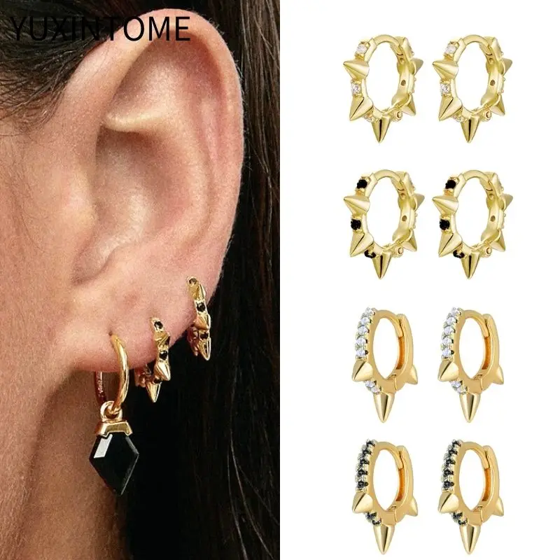 925 Sterling Silver Needle Punk Rivet Hoop Earrings for Women Black White Crystal Huggie Earrings Party Fashion Jewelry Gifts