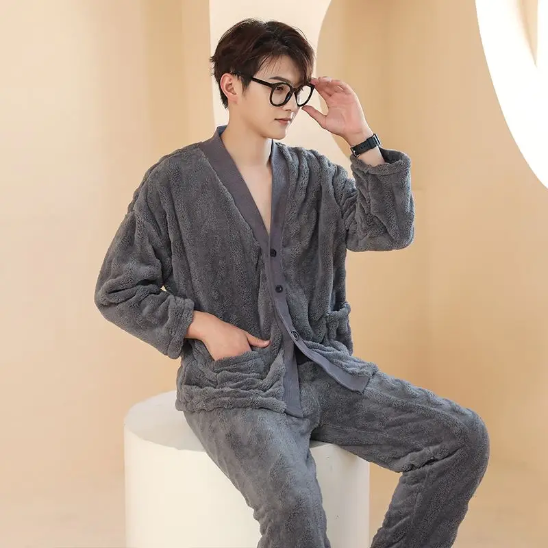 Couple Pajamas for Men Fleece Winter Sleepwear Korean Sleeping Night Wear Solid Pijama 2 Pcs Pants Sets Warm V-neck Home Suit