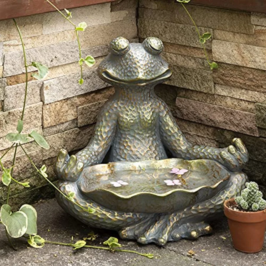 Outdoor yoga frog statue for garden meditation decor with birdbath bronze finish 14.25 H weather-resistant cast metal