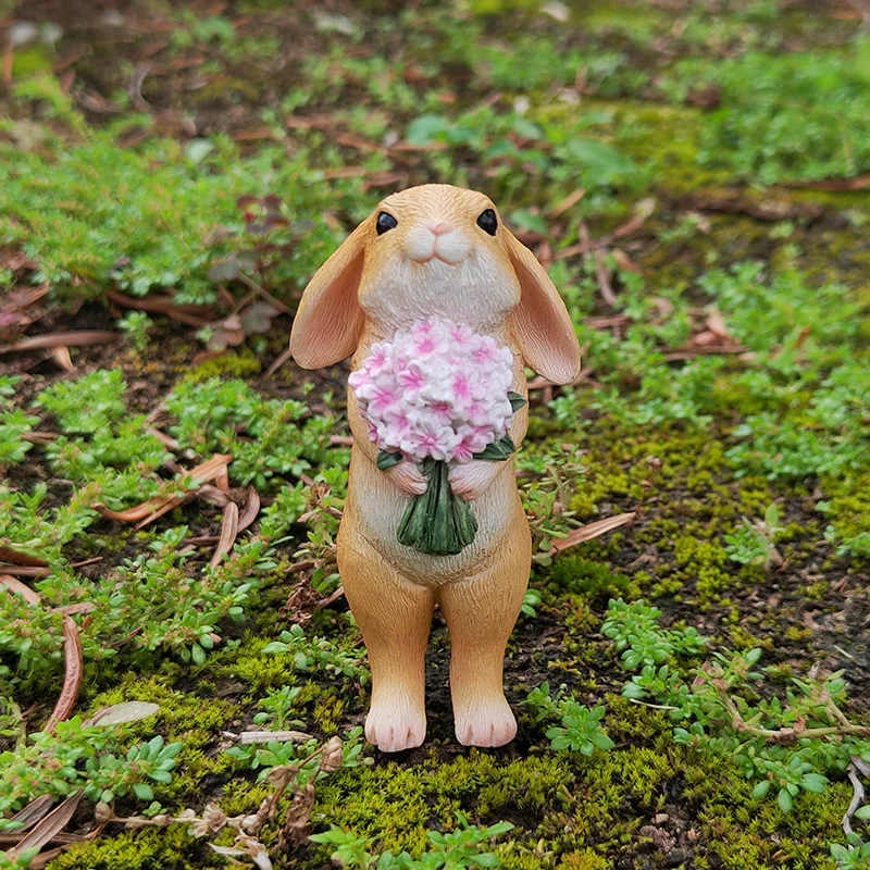 

Cute Rabbit Holding a Bouquet of Flowers Bunny Ornament Resin Home Mini Bunny Miniature Figurines Landscape Easter Decoration