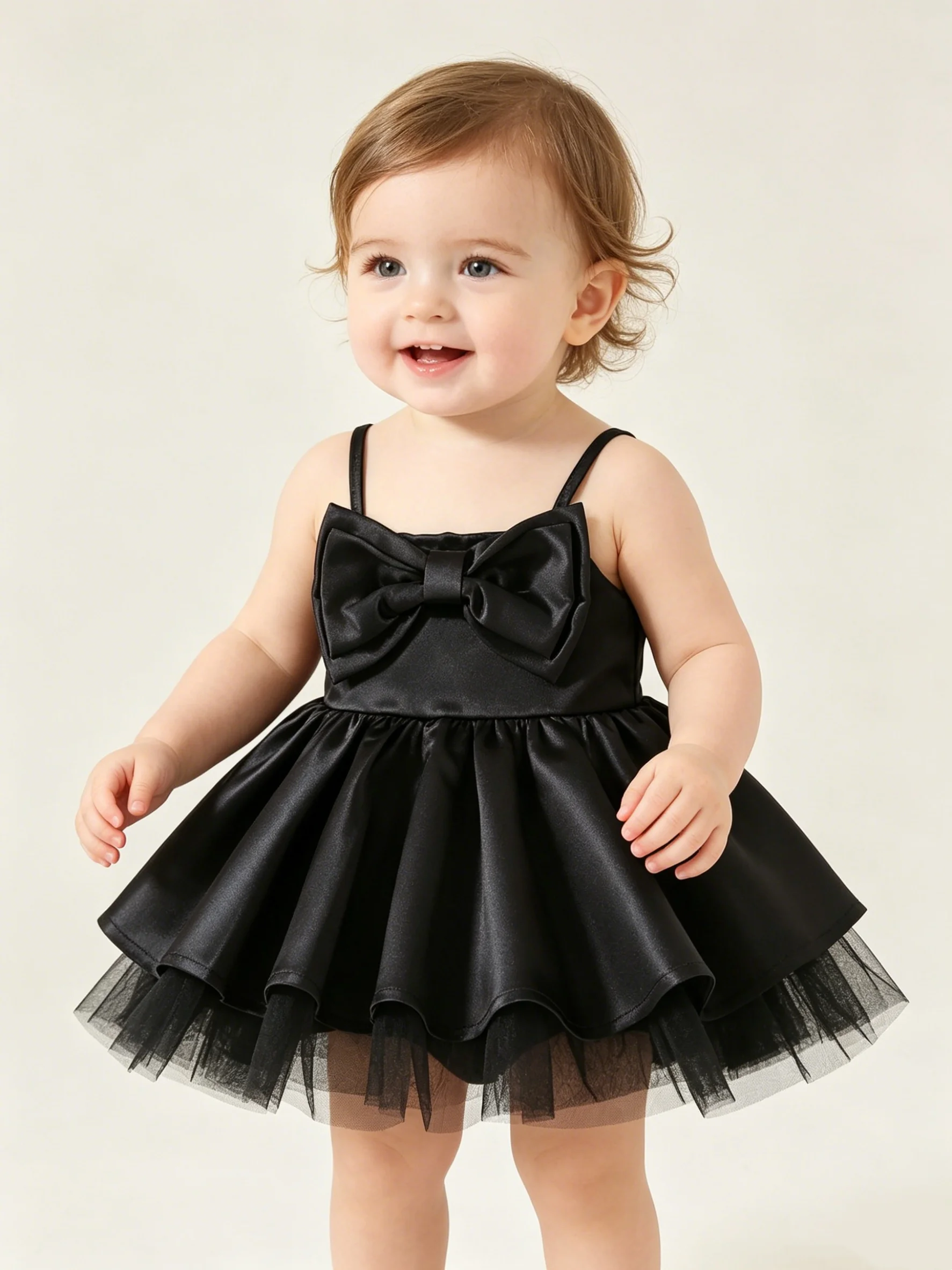 Baby Mädchen Einfarbiges Trägerkleid mit Puffärmeln Kinder Tüll Prinzessinnenkleid Einjähriges Baby Erstes Geburtstagsparty-Kleid – Detail 4