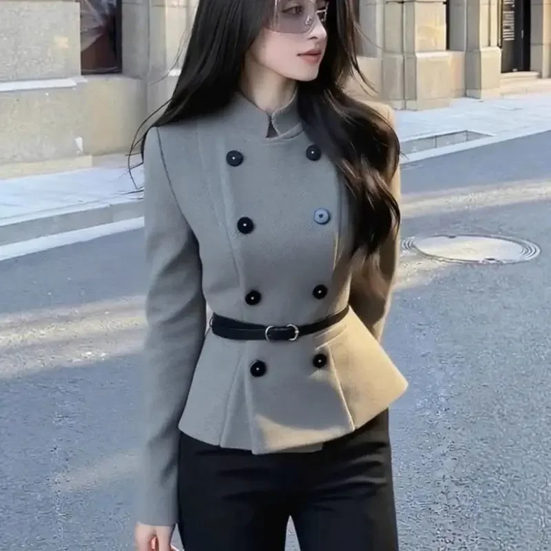 موضة جديدة سترة صوفية المرأة الخريف الشتاء موضة مزدوجة الصدر الوقوف طوق الخصر النحيف أنيقة معطف قصير أبلى #5