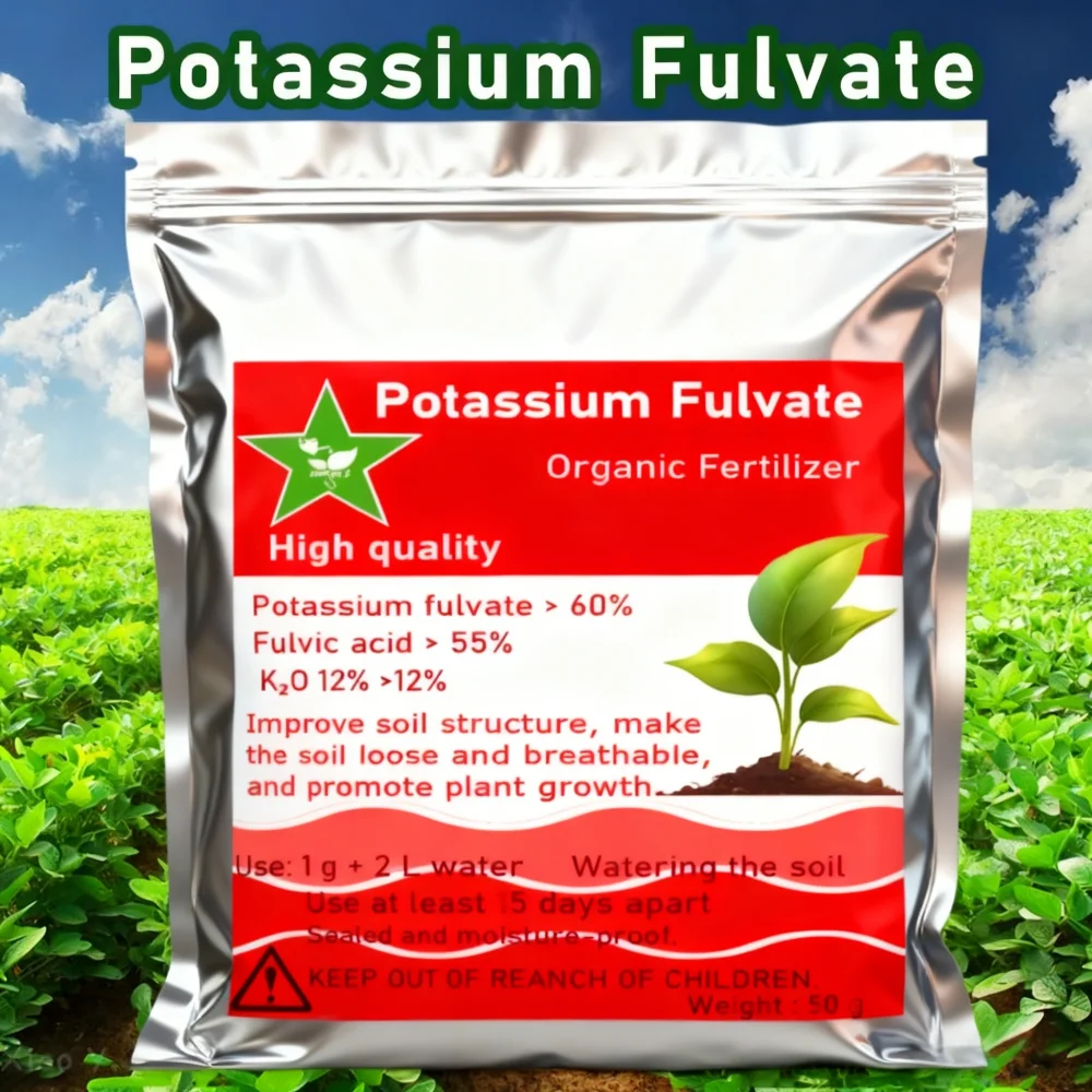 Fertilizante Orgánico de Fulvato de Potasio 50g, K-fulvate, Ácidos Húmicos, Potasa Natural, Configura la Solución Nutritiva del Suelo para Plantas
