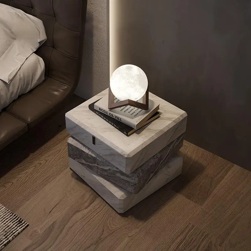 Italian Minimalist Nightstand, Staggered Design Pine Wood Bedside Table, Eco-Friendly &Easy Clean, Modern Luxury Storage Cabinet