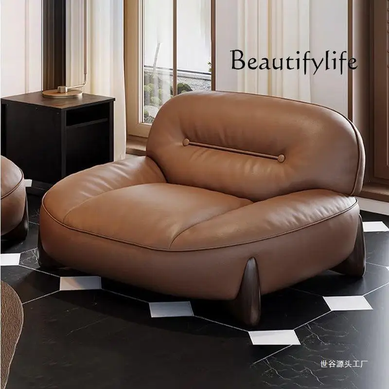 

Italian Minimalist Leather Sofa First Layer Cowhide Simple and Light Luxury Retro Small Apartment Straight Row Sofa