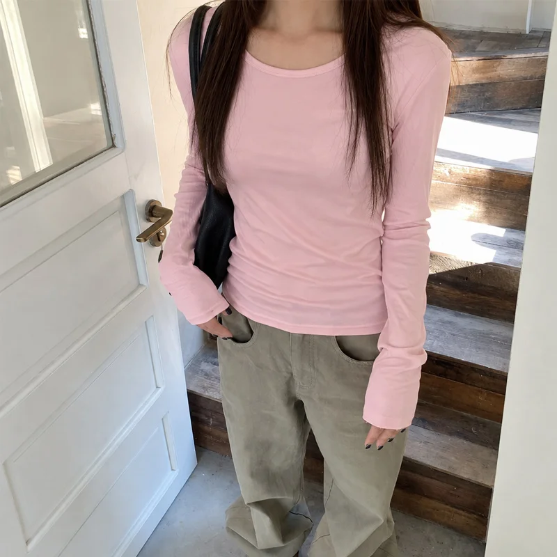 Spring Autumn Women Korean Chic Daily Cream Solid Crew Neck Thumb Hole Fitted Long Sleeve Basic T-Shirt