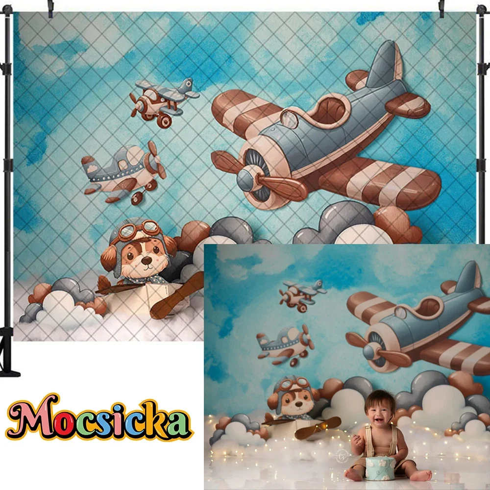 Fondo de fotografía de cumpleaños para recién nacido, avión de cielo azul, decoración de perro bonito, pastel de Baby Shower, retrato Smash, accesorios de estudio fotográfico
