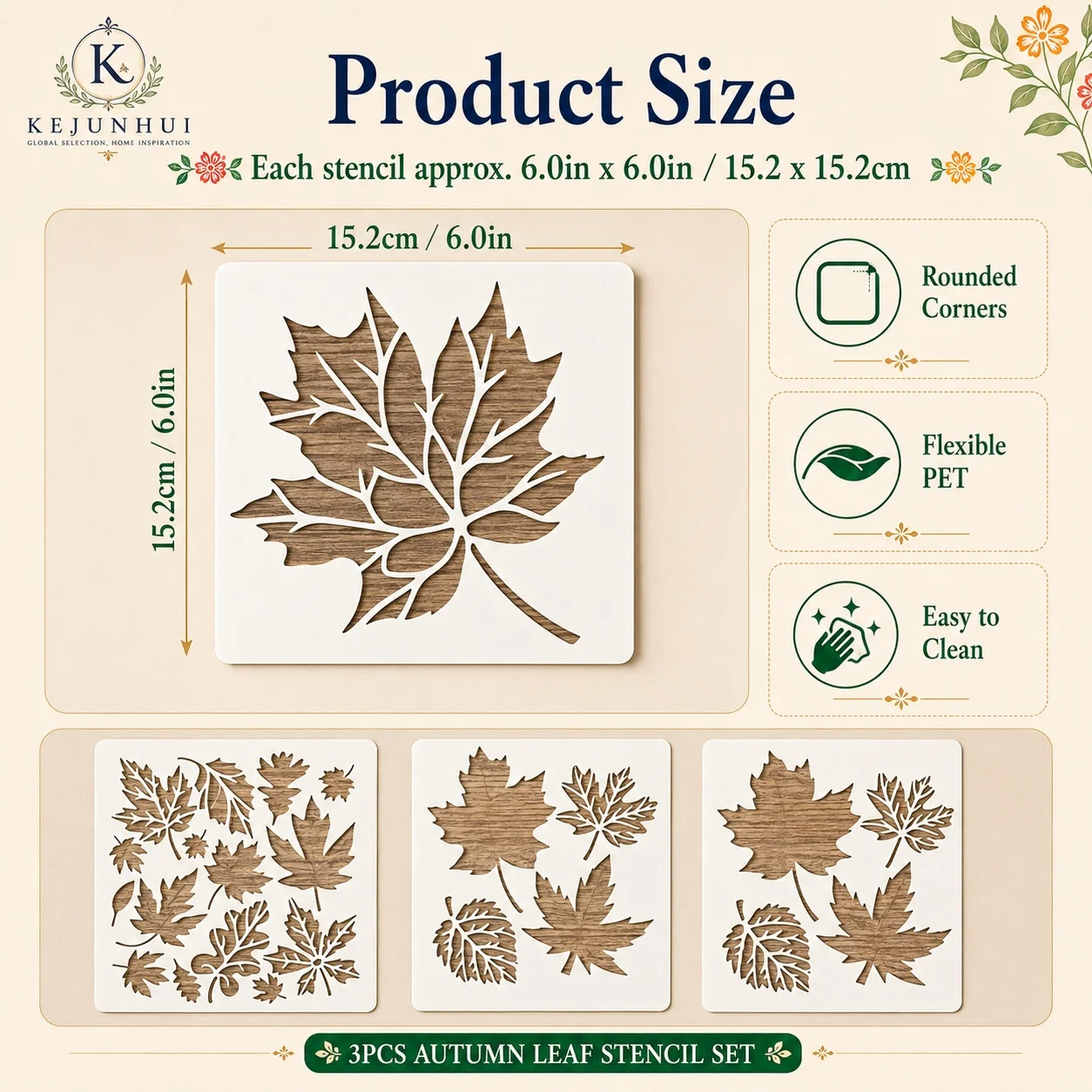 3PCS Maple Leaf Stencils Square Leaves Painting Stencil Autumn Plants Stencil PET Drawing Template for Home School Office Wall