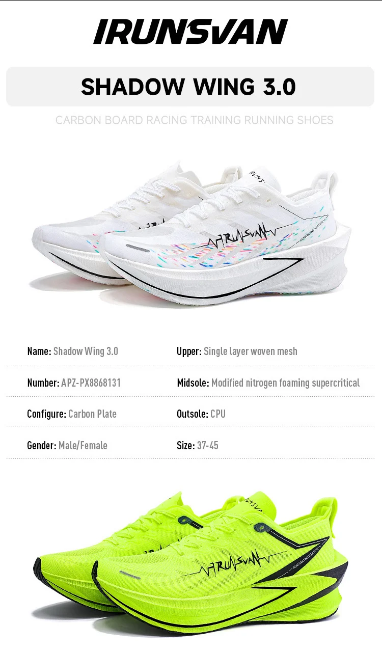 IRUNSVAN 2025 Shadow Wing 3.0 Full Palm T800 Carbon Board Running Shoes Breathable and Durable Sports Shoes for Men and Women