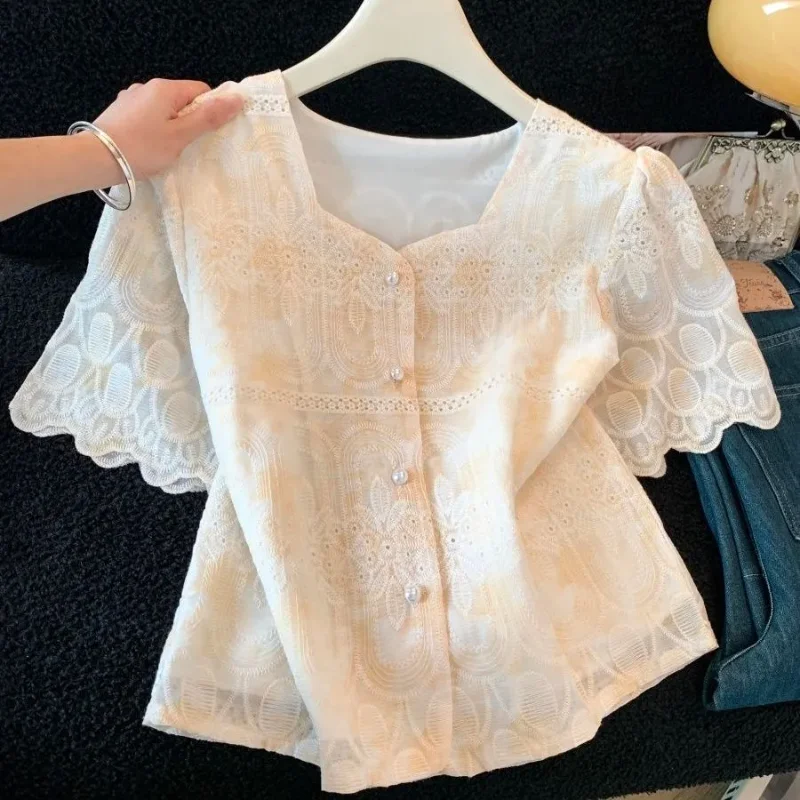 

Women's Lace Embroidery Blouse Short Sleeve Square Neck Cropped Chiffon Shirt Summer Chic