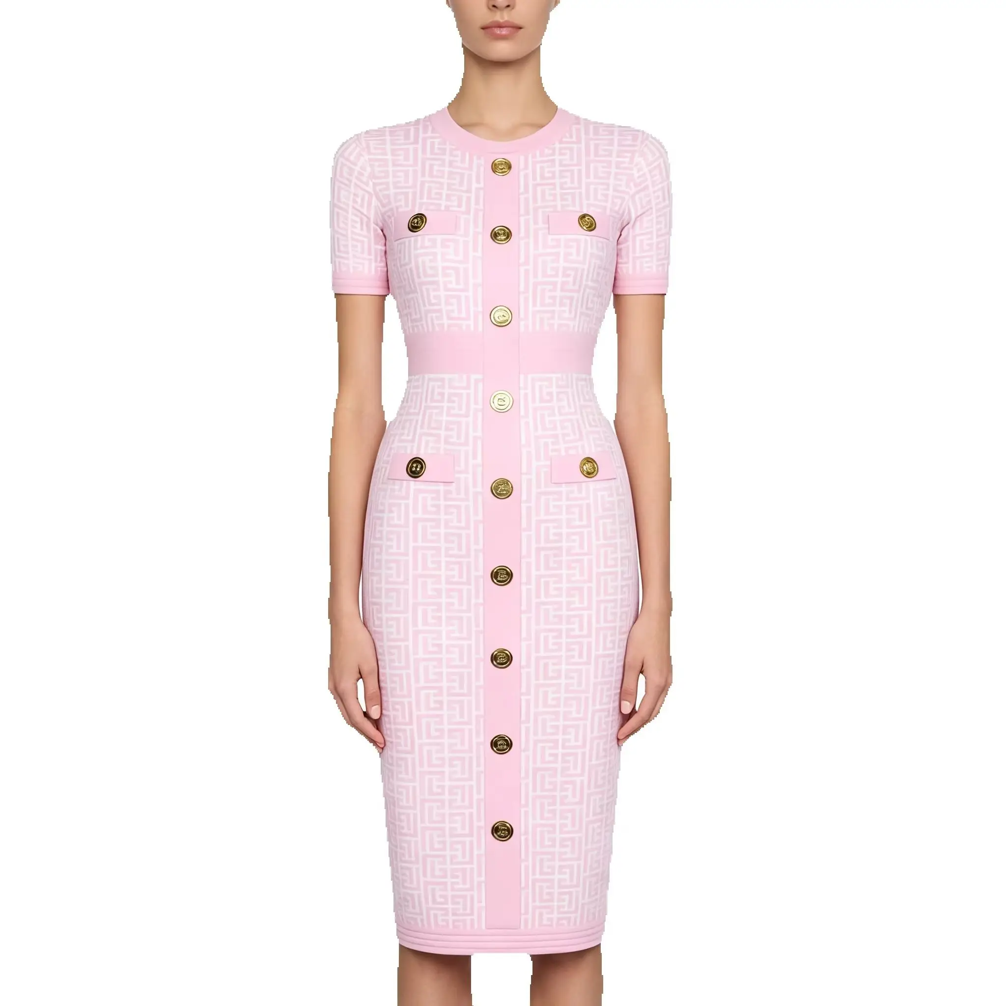 High Quality Summer New Short Sleeved Round Neck Elastic Knitted Texture Geometric Classic Hip Hugging Slim Fit Women's Dress