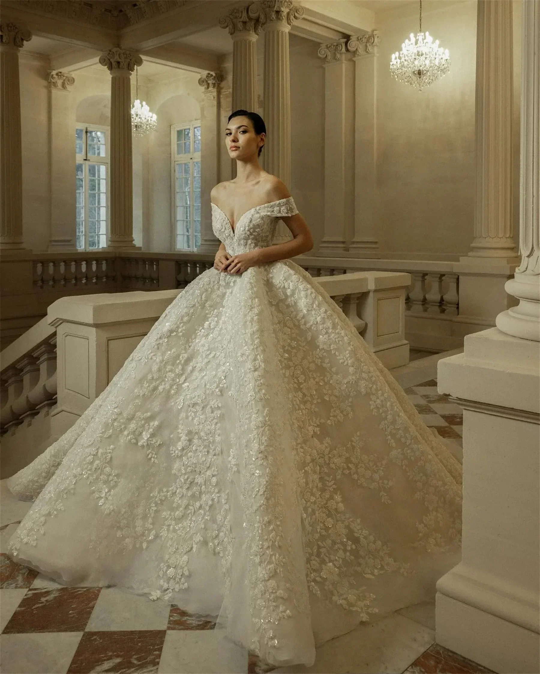 Customized 3D Floral Lace Sequined Beaded Wedding Dresses Off The Shoulder Ball Gown Wedding Bridal Gowns Vestido De Novia