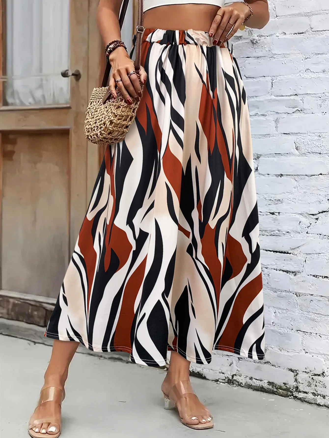 Women's High - Waist Midi Skirt with Pockets, Bold Geometric Striped Print, Casual Trendy & Daily Wear