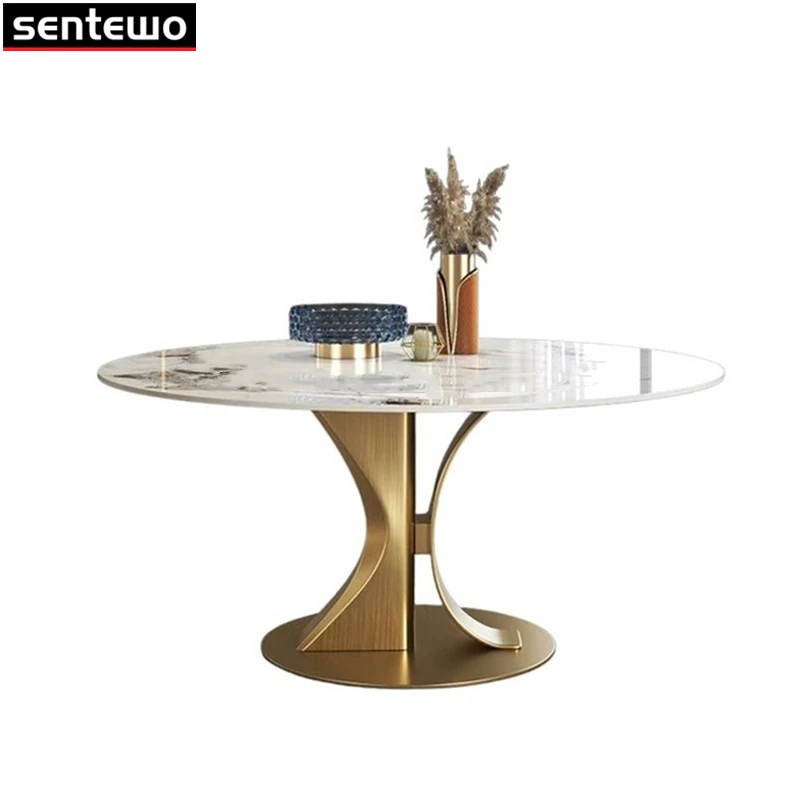 Designer Luxury Round Dinning Marble Rock Slab Dining Table Set 4 6 Chairs Mesa Posta Furniture Meuble Stainless Steel Gold Base