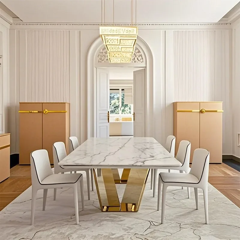 for Home Hotel Living Room Modern Luxury Table Long with Luxury Stone Design White Marble 6 - Seater Option Perfect
