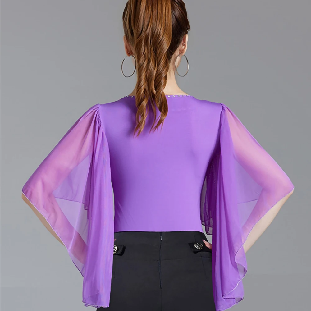 Tanzoberteil, Bankettsaal, lila, rot, T-Shirt, Pfauenblau, Rundhalsausschnitt, mittlere Ärmel, springender neuer Overall mit Lotusblatt-Ärmeln