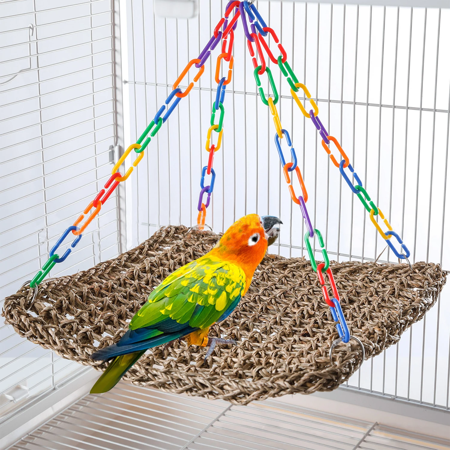 Hamaca tejida para pájaros, hamaca de hierba tejida para pájaros, juguete con anillo de cadena ajustable, juguete cómodo para columpiar, accesorios para loros y pájaros