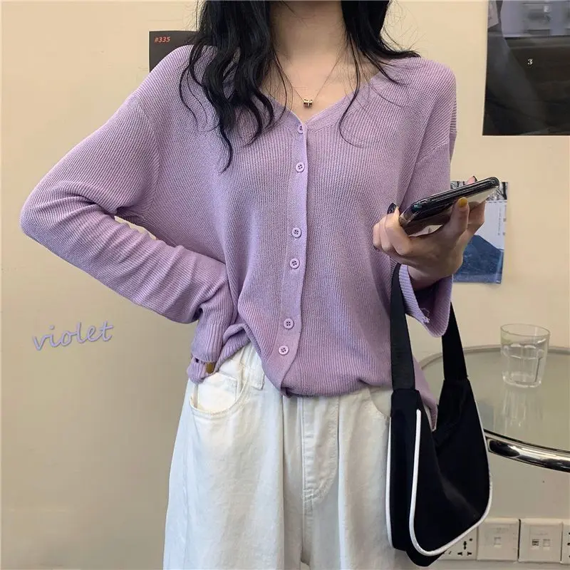 Solid Green Knitted Cardigan for Women Spring Autum Wear Thin Open Collarbone Top Ice Air-Conditioned Shirt Long Sleeved Tops