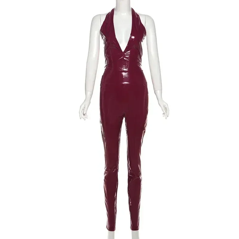 

Women Sexy Red PU Leather 2 Piece Set Deep V-neck Halter Backless Bodysuits Top + Back Zipper High Waist Pencil Pants Suits